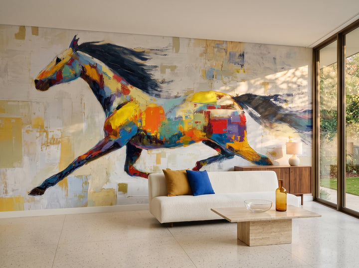 CARNIVAL GALLOP en una ambientación de salón: pared completa tras un sofá bajo blanco con un cojín mostaza y otro cobalto y una mesa de travertino
