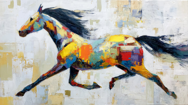 CARNIVAL GALLOP, diseño completo: caballo al galope de manchas amarillas, rojas y turquesas, crin y cola negras, fondo blanco grisáceo