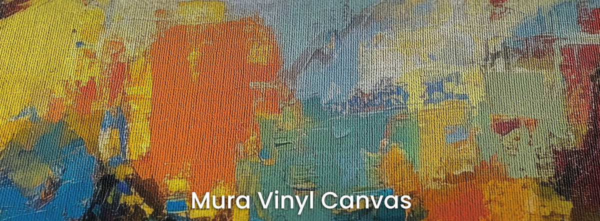 CARNIVAL GALLOP auf dem Trägermaterial Mura Vinyl Canvas – orangefarbene und türkise Flächen auf natürlicher Leinwandstruktur