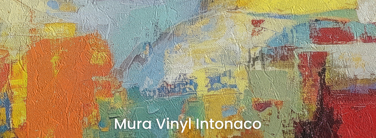 CARNIVAL GALLOP auf dem Trägermaterial Mura Vinyl Intonaco – Orange, Blau und Rot auf Reibeputz-Struktur