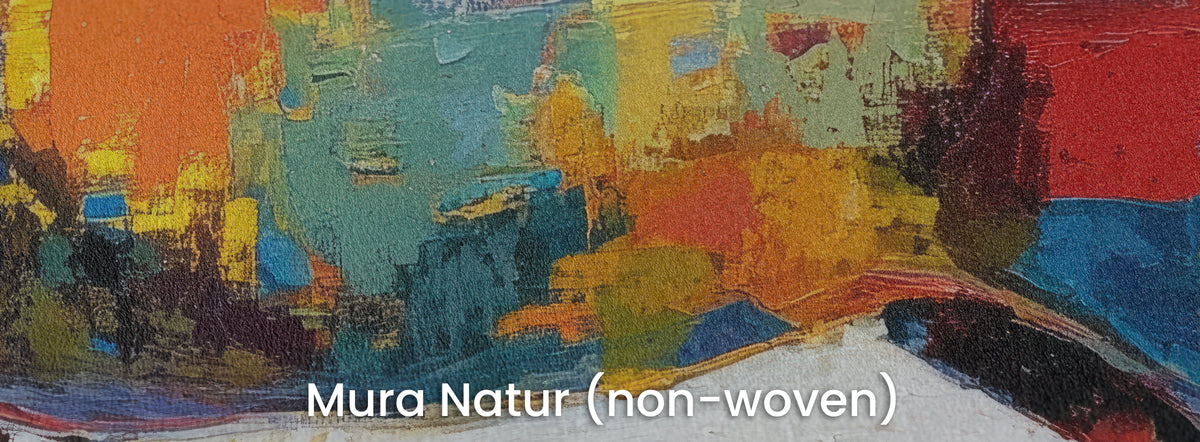 CARNIVAL GALLOP auf dem Trägermaterial Mura Natur – Rot, Türkis und Marineblau auf mattem Vlies