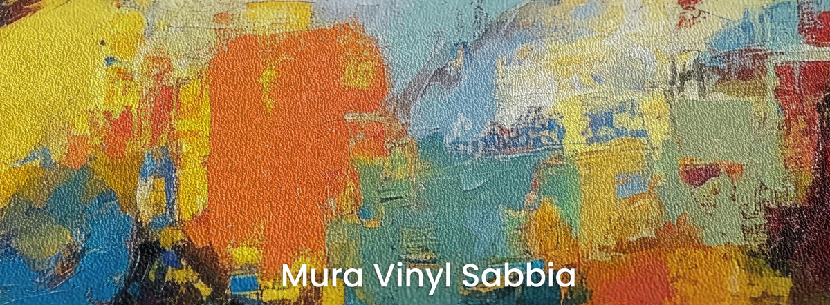 CARNIVAL GALLOP auf dem Trägermaterial Mura Vinyl Sabbia – gelbe und orangefarbene Flächen auf grober Sandkörnung