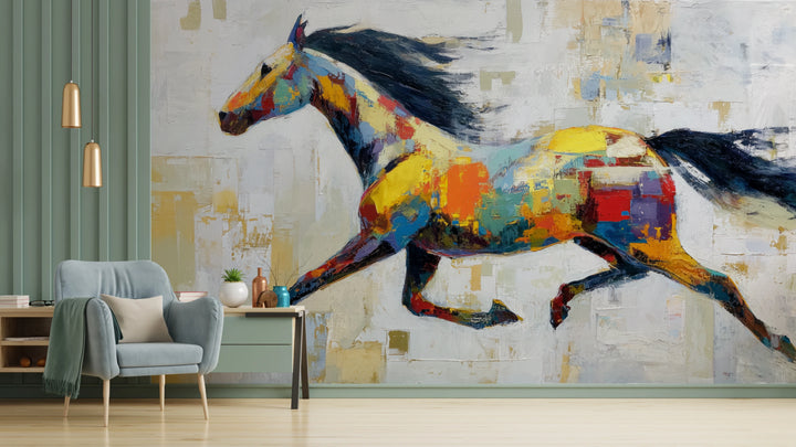 CARNIVAL GALLOP, pared de salón: caballo multicolor al galope, con los cascos delanteros sobre la consola; a la izquierda, panel verde y sillón