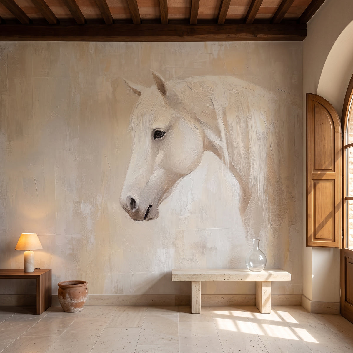 CASHMERE MANE en una ambientación de recibidor en una villa toscana: banco bajo de piedra bajo la crin y, a la izquierda, una consola con lámpara