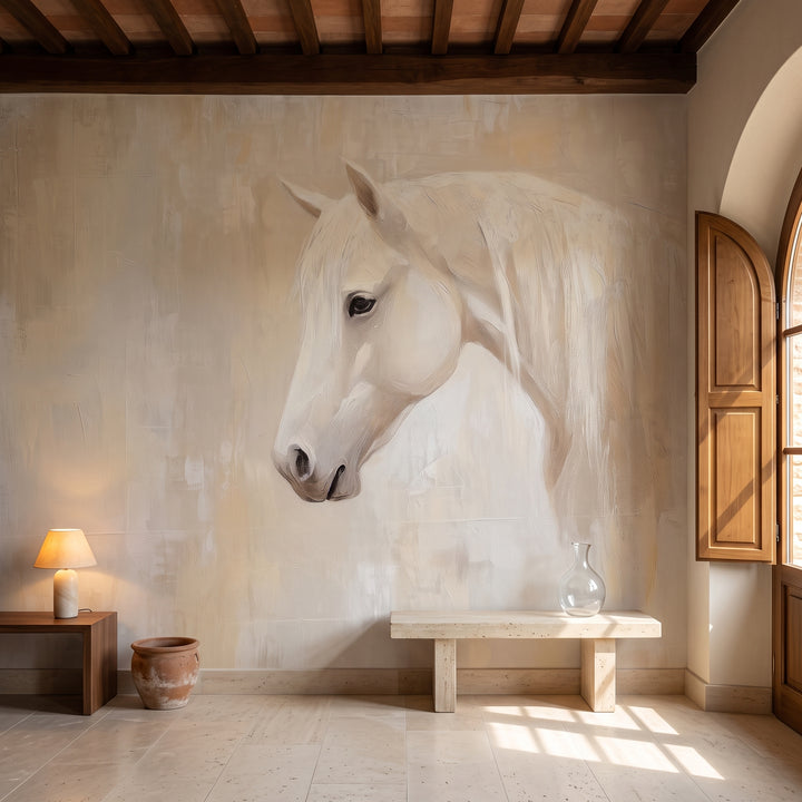 CASHMERE MANE en una ambientación de recibidor en una villa toscana: banco bajo de piedra bajo la crin y, a la izquierda, una consola con lámpara