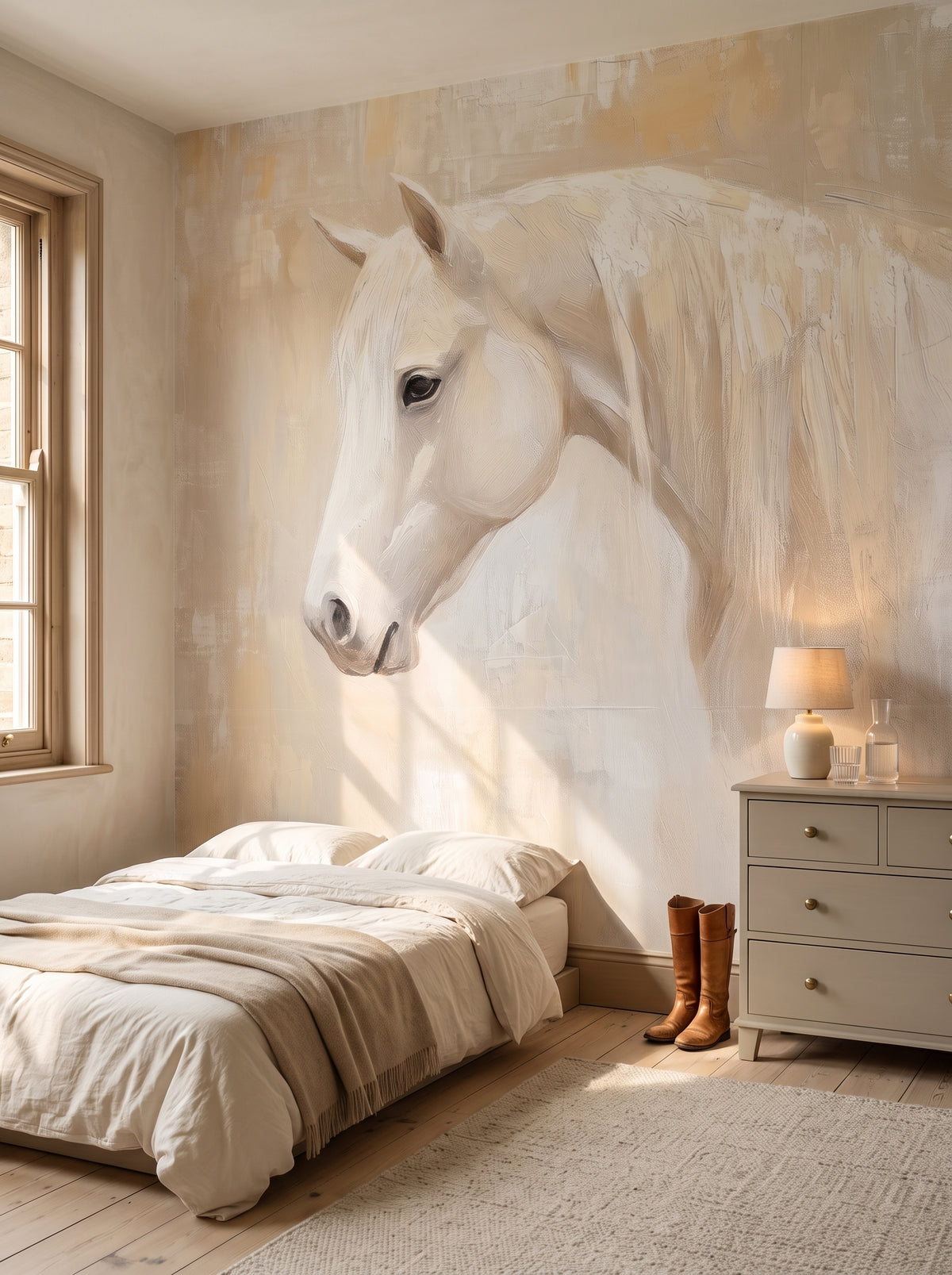CASHMERE MANE en una ambientación de habitación de adolescente: cama baja bajo el hocico del caballo blanco y, a la derecha, una cómoda pintada con lamparita