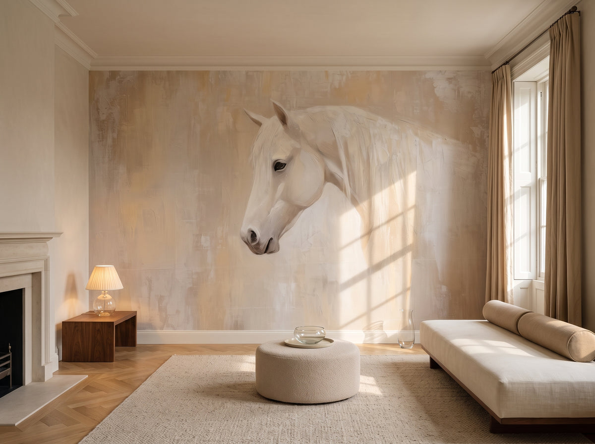 CASHMERE MANE en una ambientación de salón con chimenea: diván crema con cojines cilíndricos a la derecha y puf redondo bajo la cabeza del caballo blanco