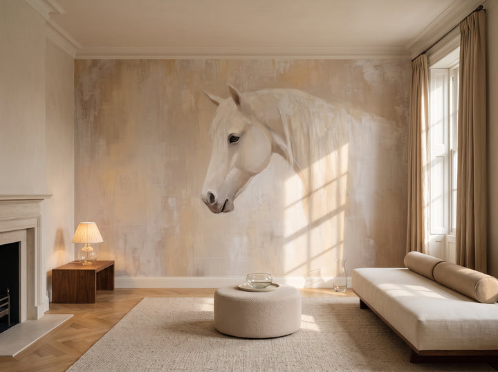 CASHMERE MANE en una ambientación de salón con chimenea: diván crema con cojines cilíndricos a la derecha y puf redondo bajo la cabeza del caballo blanco