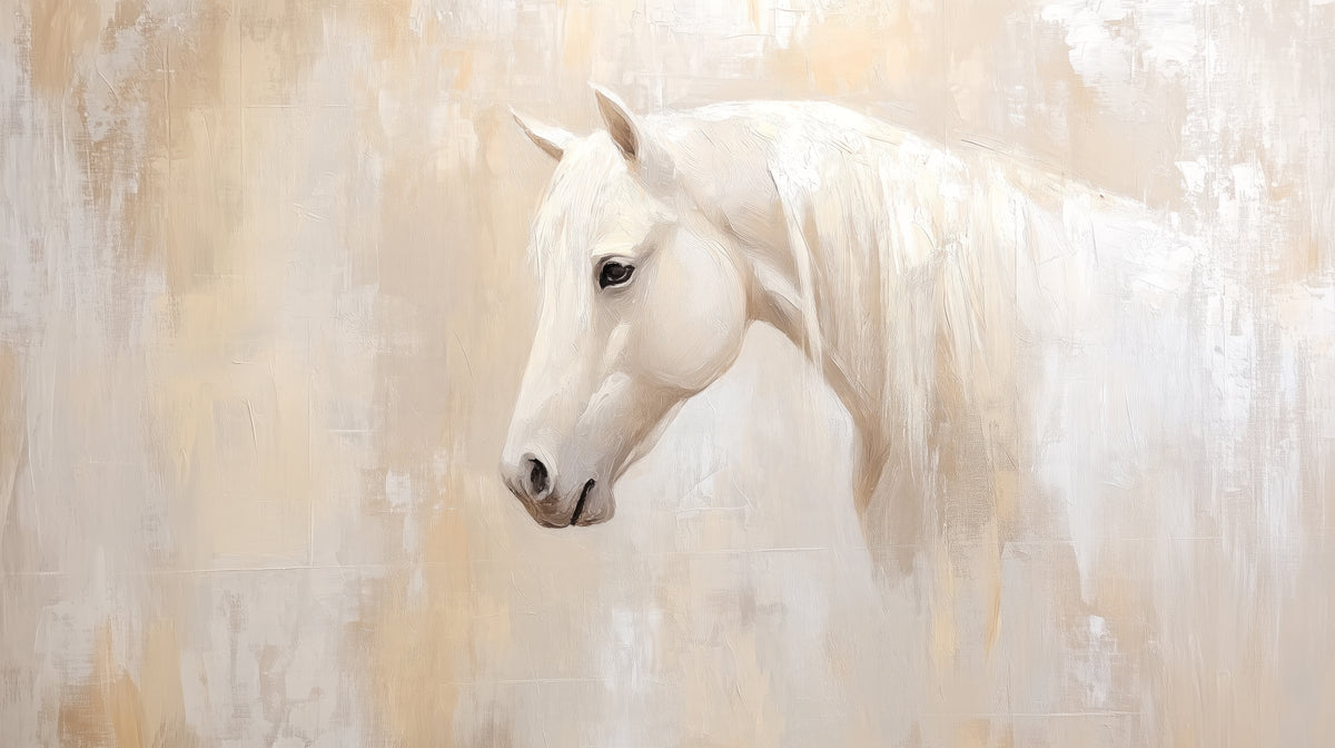 CASHMERE MANE – diseño completo: caballo blanco de perfil vuelto a la izquierda, crin larga y recta, fondo en beige, crema y blanco