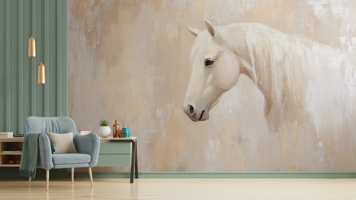 CASHMERE MANE, pared de salón: caballo blanco de perfil con una larga crin que cae a la derecha; a la izquierda, panel verde y sillón celeste