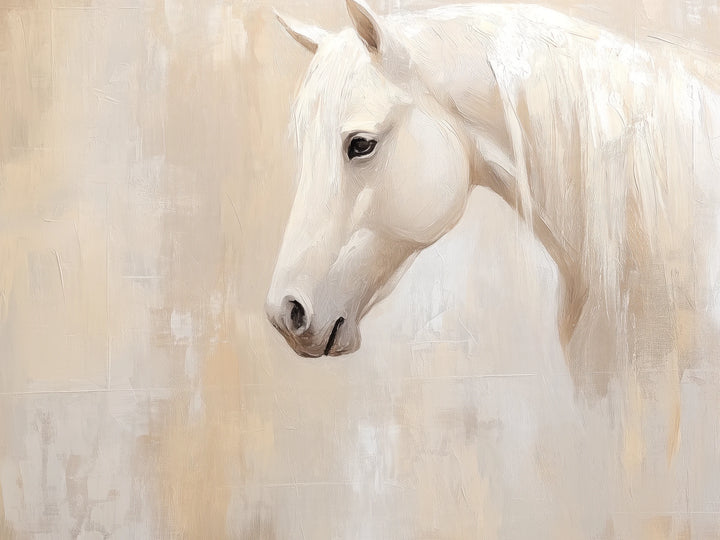 CASHMERE MANE de cerca: cabeza de perfil del caballo blanco, ojo oscuro, ollares rosados y mechones rectos de crin sobre fondo beige