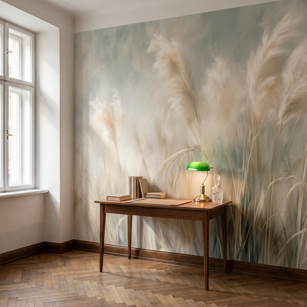 CASHMERE TUFTS dans une mise en scène de bureau dans un immeuble ancien de Cracovie, table en noyer et lampe verte devant le mur