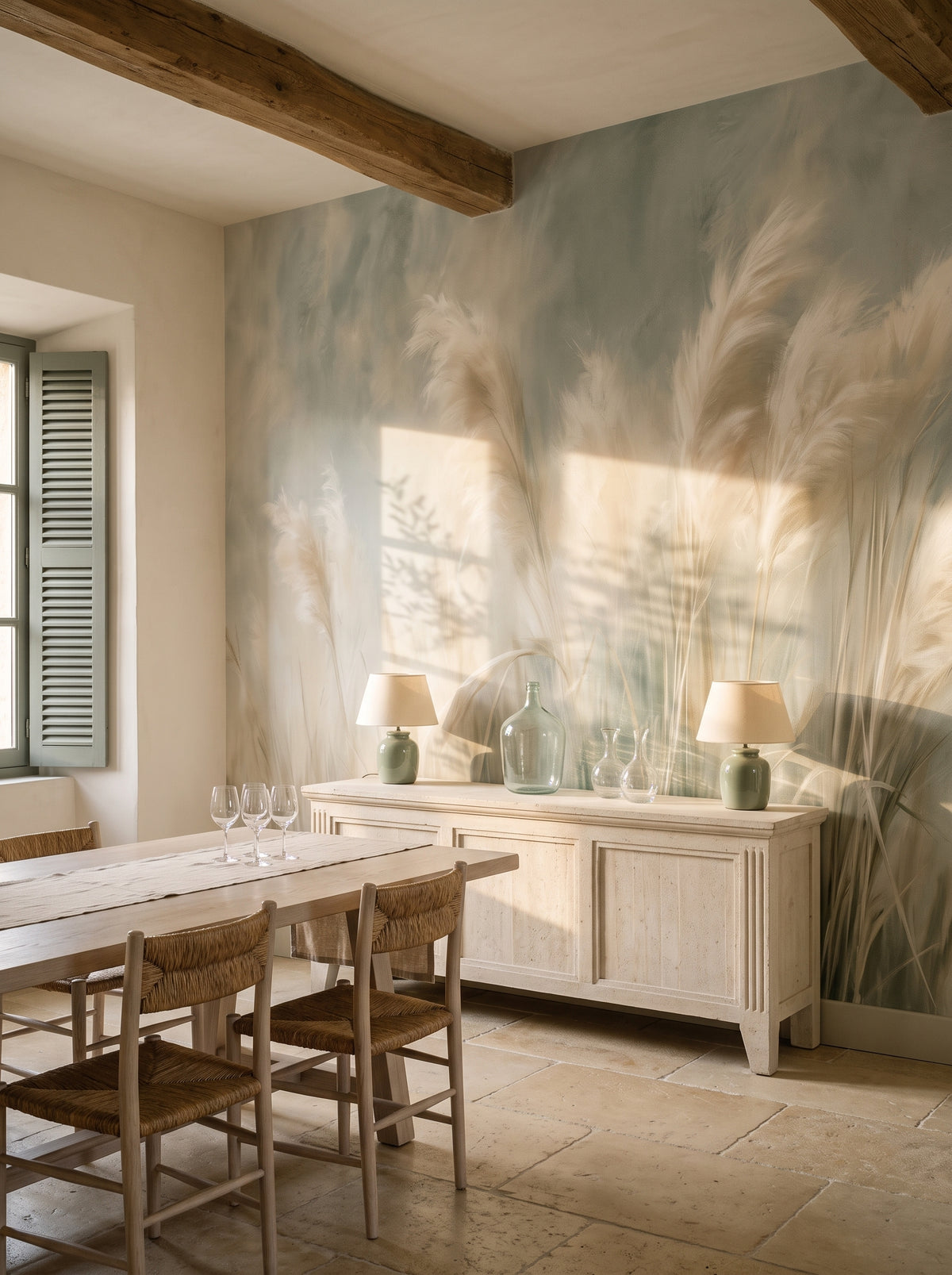 CASHMERE TUFTS dans une mise en scène de salle à manger d'une maison provençale, buffet en pierre et longue table avec chaises devant le mur