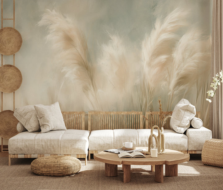 CASHMERE TUFTS sur tout le mur d'un salon clair, derrière un canapé clair et une table ronde – les plumets montent bien au-dessus du dossier