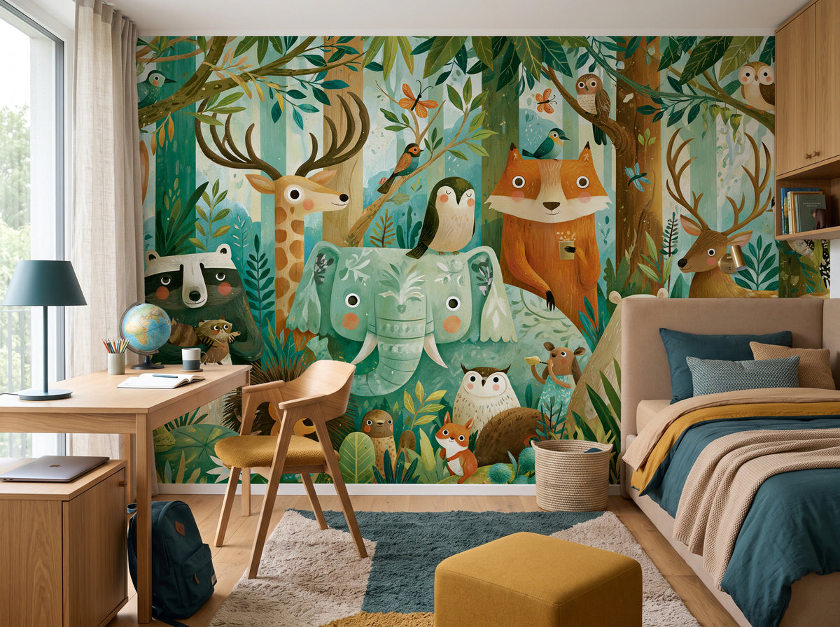EMERALD THICKET - malarska tapeta z leśnymi zwierzętami — child's room