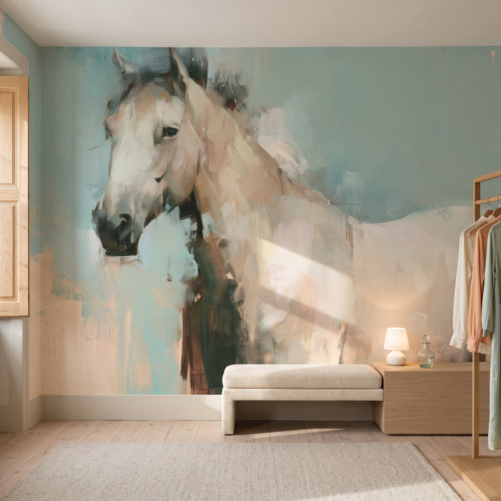 CELADON HOUR en una ambientación de vestidor: cabeza del caballo junto a un banco crema, una cómoda con lámpara y un perchero con ropa clara