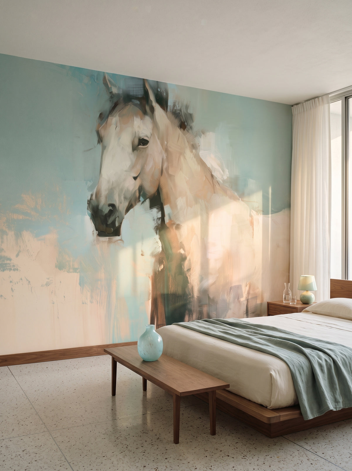 CELADON HOUR in an AI room setting of a bedroom: pale horse on a mint background beside a low bed with a celadon throw and a walnut bench