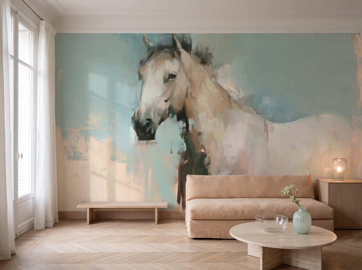 CELADON HOUR in an AI room setting of a living room: the whole wall behind a beige sofa, a round travertine table and a low bench