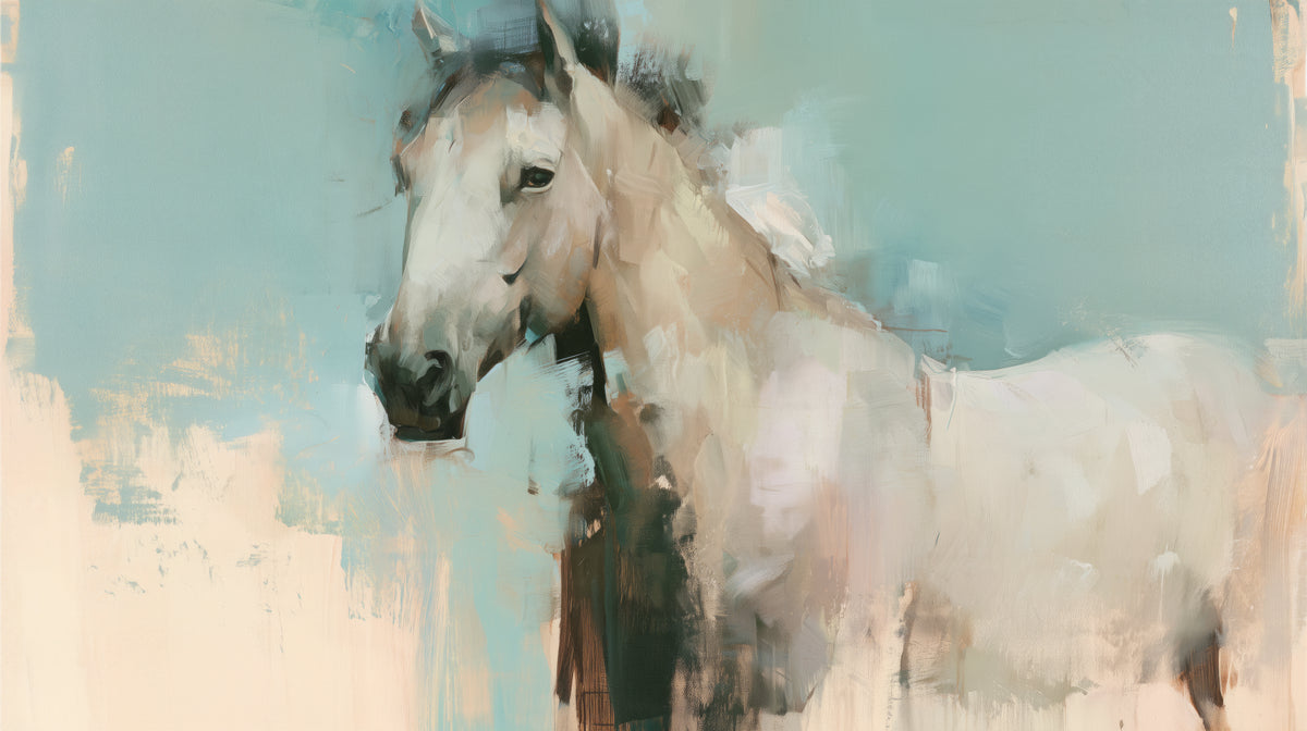 CELADON HOUR – full design: a pale cream-grey horse facing left on a mint-turquoise background with a peach lower edge