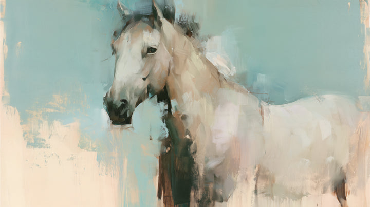 CELADON HOUR, diseño completo: caballo claro, gris crema, hacia la izquierda sobre fondo menta turquesa con base melocotón