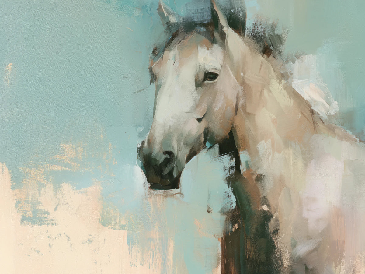 CELADON HOUR close up of the design: a pale horse's head with a dark muzzle and eye, turquoise background and peach rubbed patches below