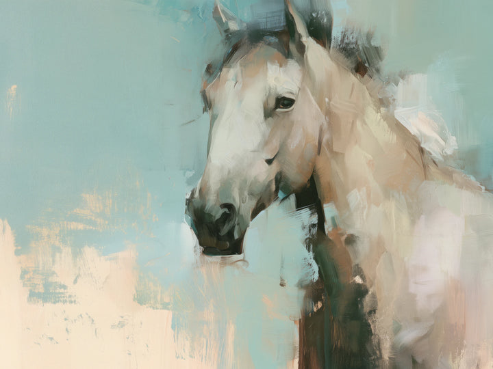 CELADON HOUR de cerca: cabeza de un caballo claro con hocico y ojo oscuros, fondo turquesa y rozaduras melocotón abajo