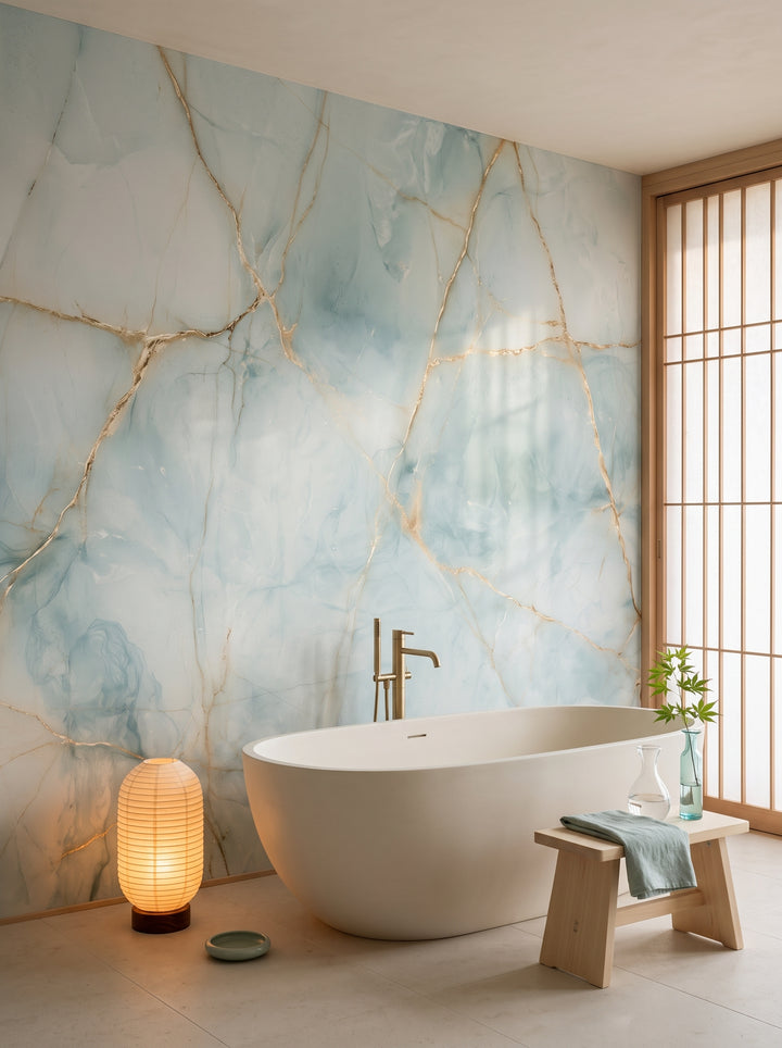 CELADON KINTSUGI w aranżacji łazienki w stylu japońskiego spa, za wolnostojącą wanną i drewnianym stołkiem