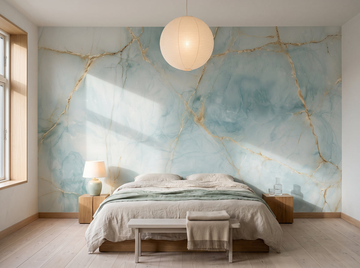 CELADON KINTSUGI in a Japandi bedroom setting, behind a low bed with linen bedding and a paper lamp