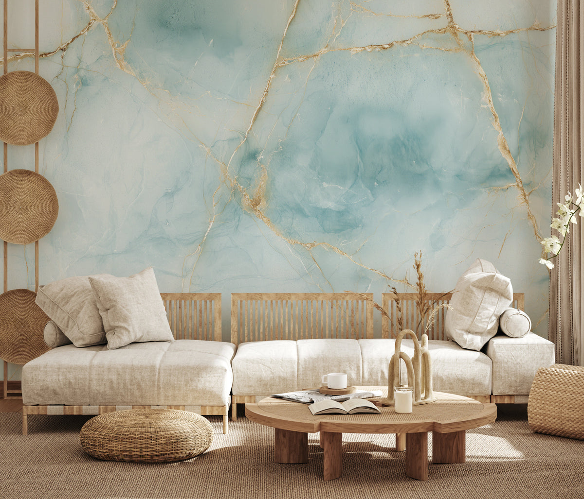 CELADON KINTSUGI across a whole living room wall behind a linen sofa and round table – the size of the gold network next to the furniture