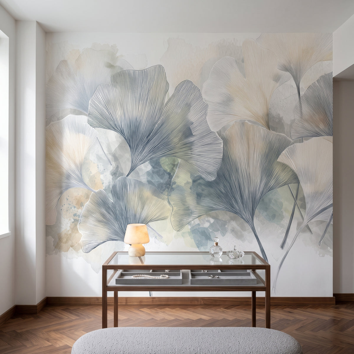 CELADON WASH en una ambientación de vestidor en un apartamento de Nueva York, con una mesa de nogal para joyas de tablero de vidrio delante