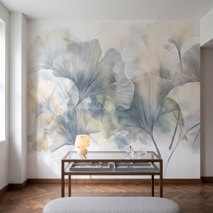 CELADON WASH mis en scène dans un dressing d'un appartement new-yorkais, devant le mur une table à bijoux en noyer au plateau en verre