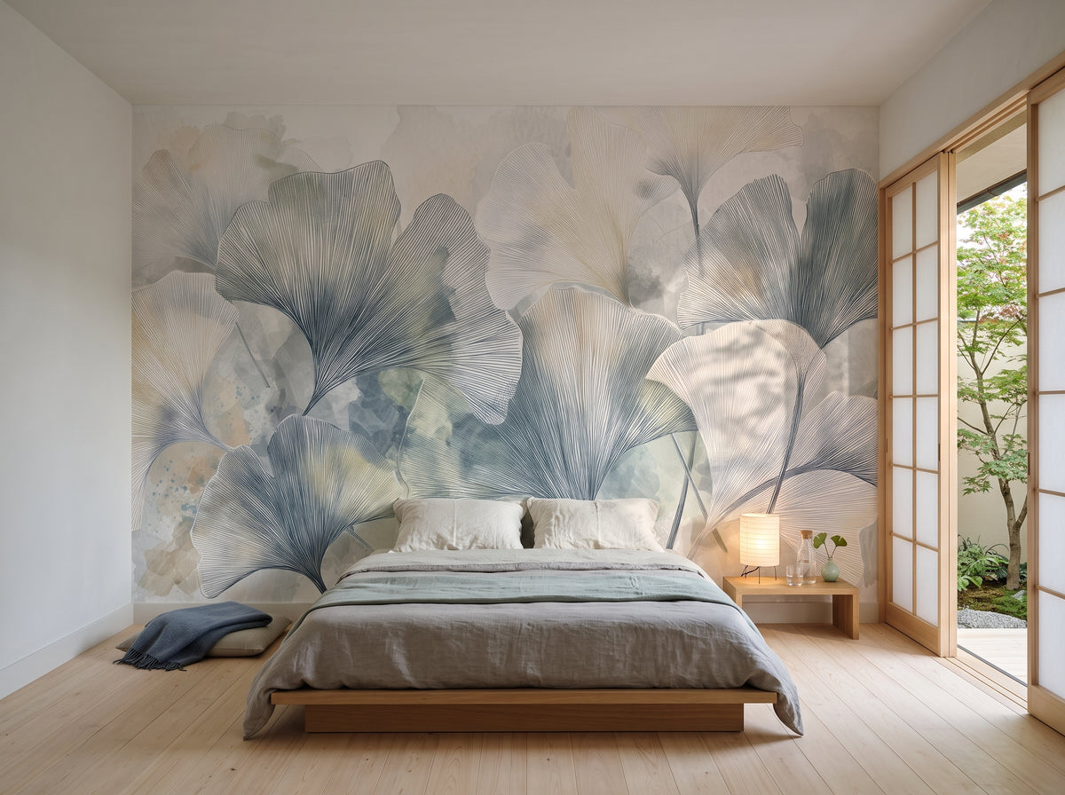 CELADON WASH en una ambientación de dormitorio en una casa de Kioto, con una cama baja sobre plataforma y una lámpara de papel washi delante