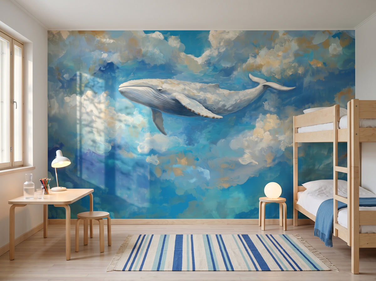 CERULEAN GLIDE in der Raumgestaltung eines Schlafzimmers für Schulkinder: ganze Wand mit Wal, links Schreibtisch mit Lampe, rechts Etagenbett