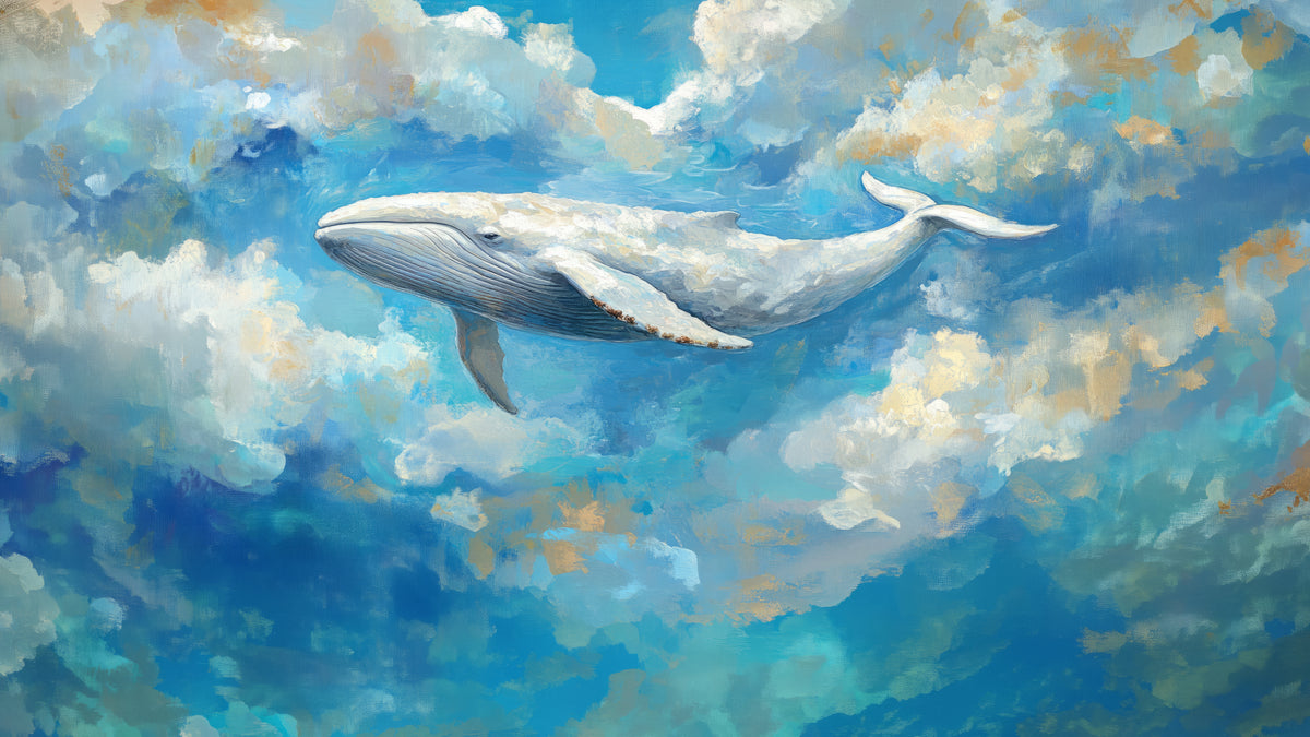 CERULEAN GLIDE – vollständiges Motiv: weißer Wal schwimmt nach links durch hellblauen Himmel mit Wolken in Weiß und Ocker