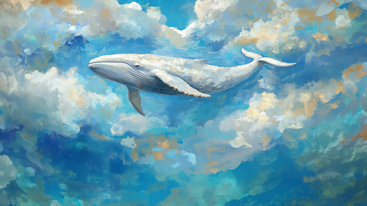 CERULEAN GLIDE – vollständiges Motiv: weißer Wal schwimmt nach links durch hellblauen Himmel mit Wolken in Weiß und Ocker