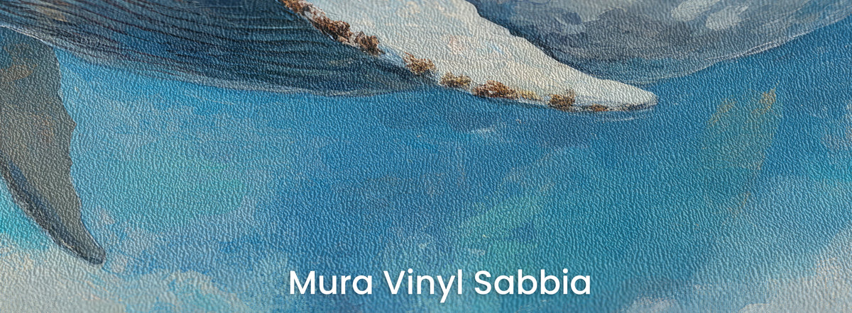 CERULEAN GLIDE auf dem Trägermaterial Mura Vinyl Sabbia: zwei Flossen des Wals am blauen Himmel, grobes Sandkorn