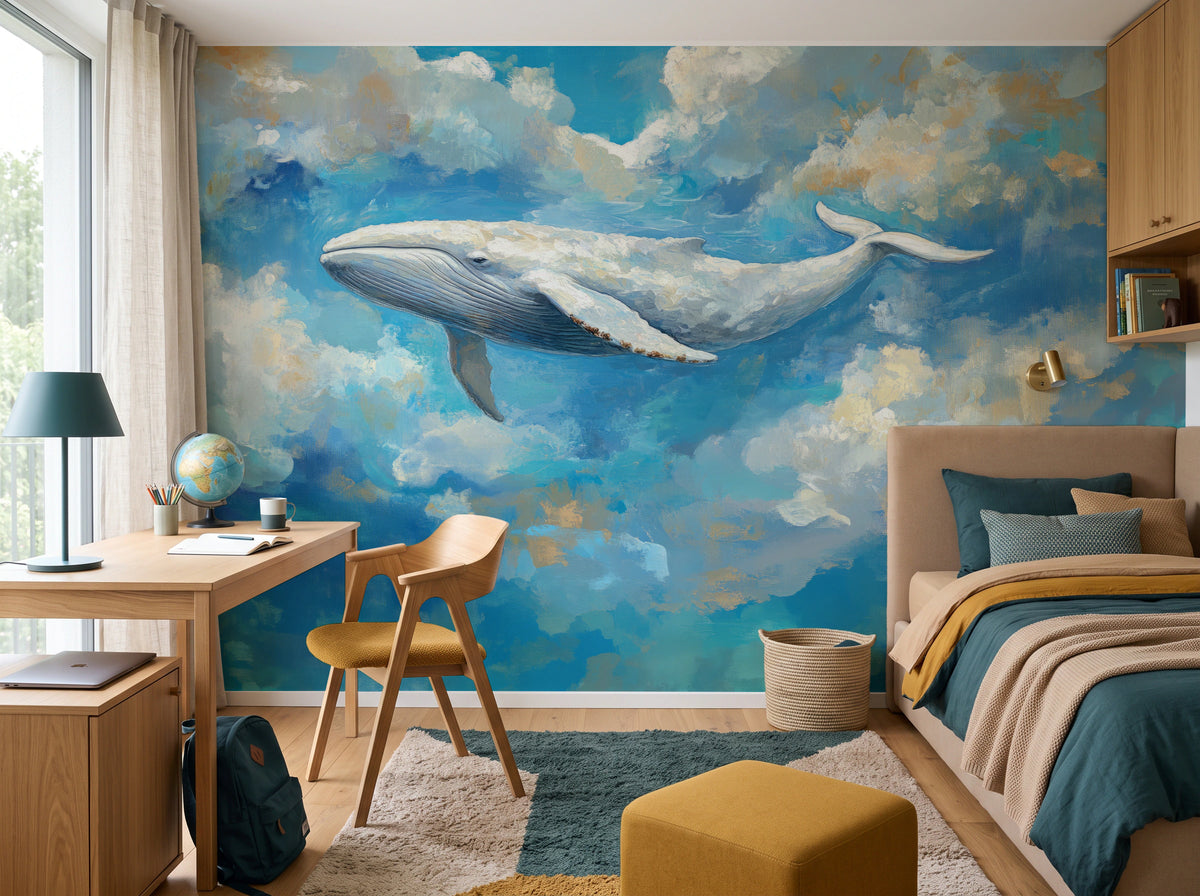 CERULEAN GLIDE auf der ganzen Wand eines Schulkinderzimmers: Wal, länger als der Schreibtisch mit Globus, schwimmt hoch über Stuhl und Bett