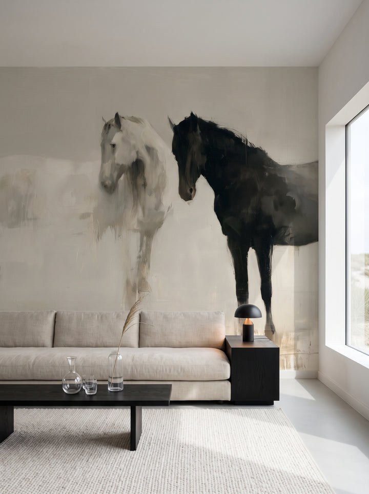 CHALK AND COAL en una ambientación de salón: un caballo blanco y otro negro sobre un sofá largo de lino, una mesa de roble negro y una pequeña lámpara negra