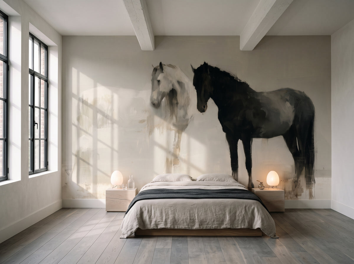 CHALK AND COAL en una ambientación de dormitorio en un loft: pared completa tras una cama baja con ropa de lino y manta grafito