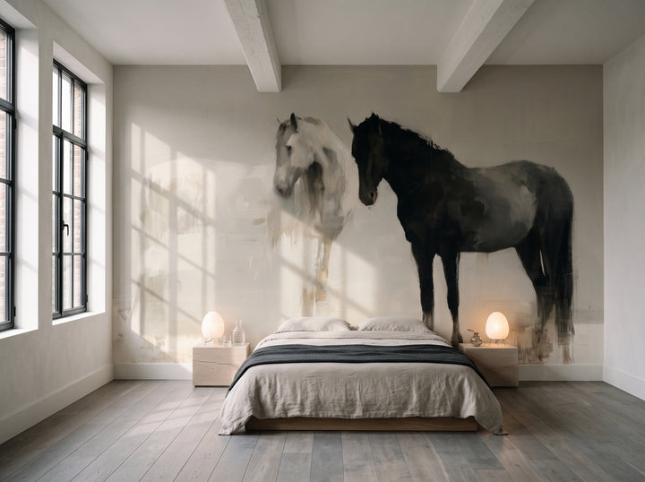 CHALK AND COAL en una ambientación de dormitorio en un loft: pared completa tras una cama baja con ropa de lino y manta grafito