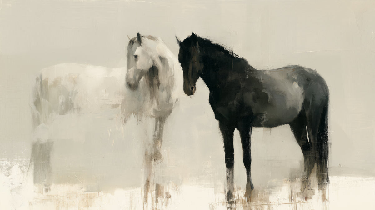 CHALK AND COAL, diseño completo: caballo blanco a la izquierda y negro a la derecha, vueltos el uno hacia el otro sobre un fondo liso color lino