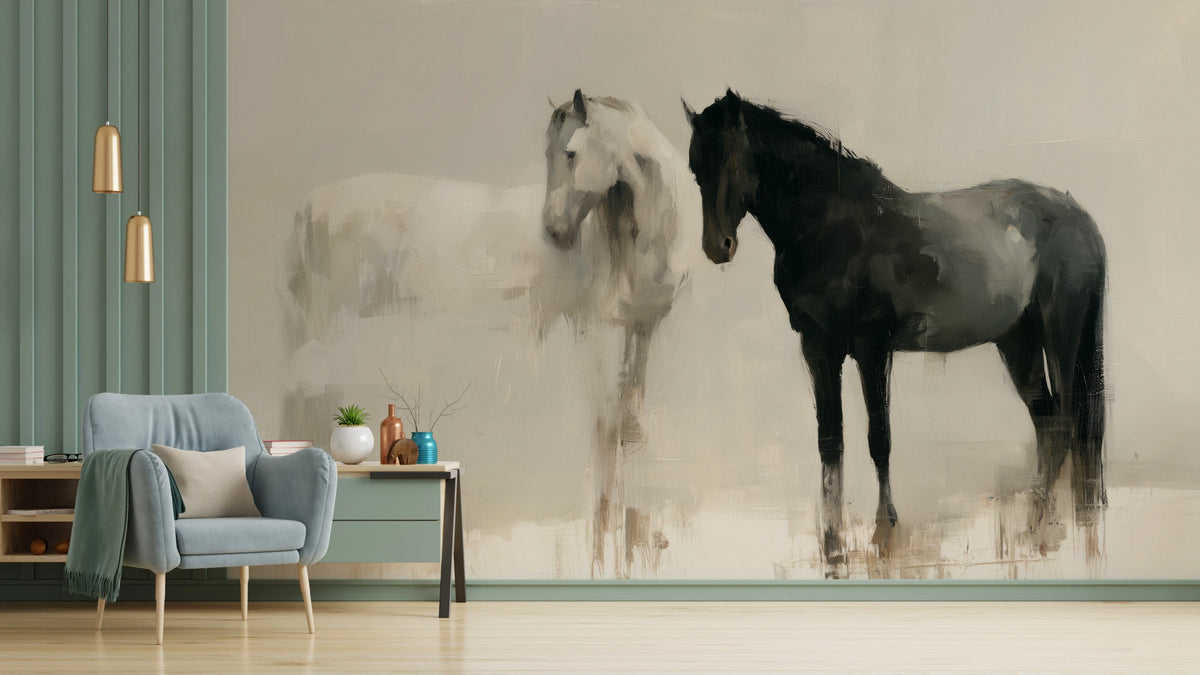 CHALK AND COAL, pared de salón: un caballo blanco y otro negro frente a frente, con las siluetas y las patas enteras; a la izquierda, panel verde y sillón