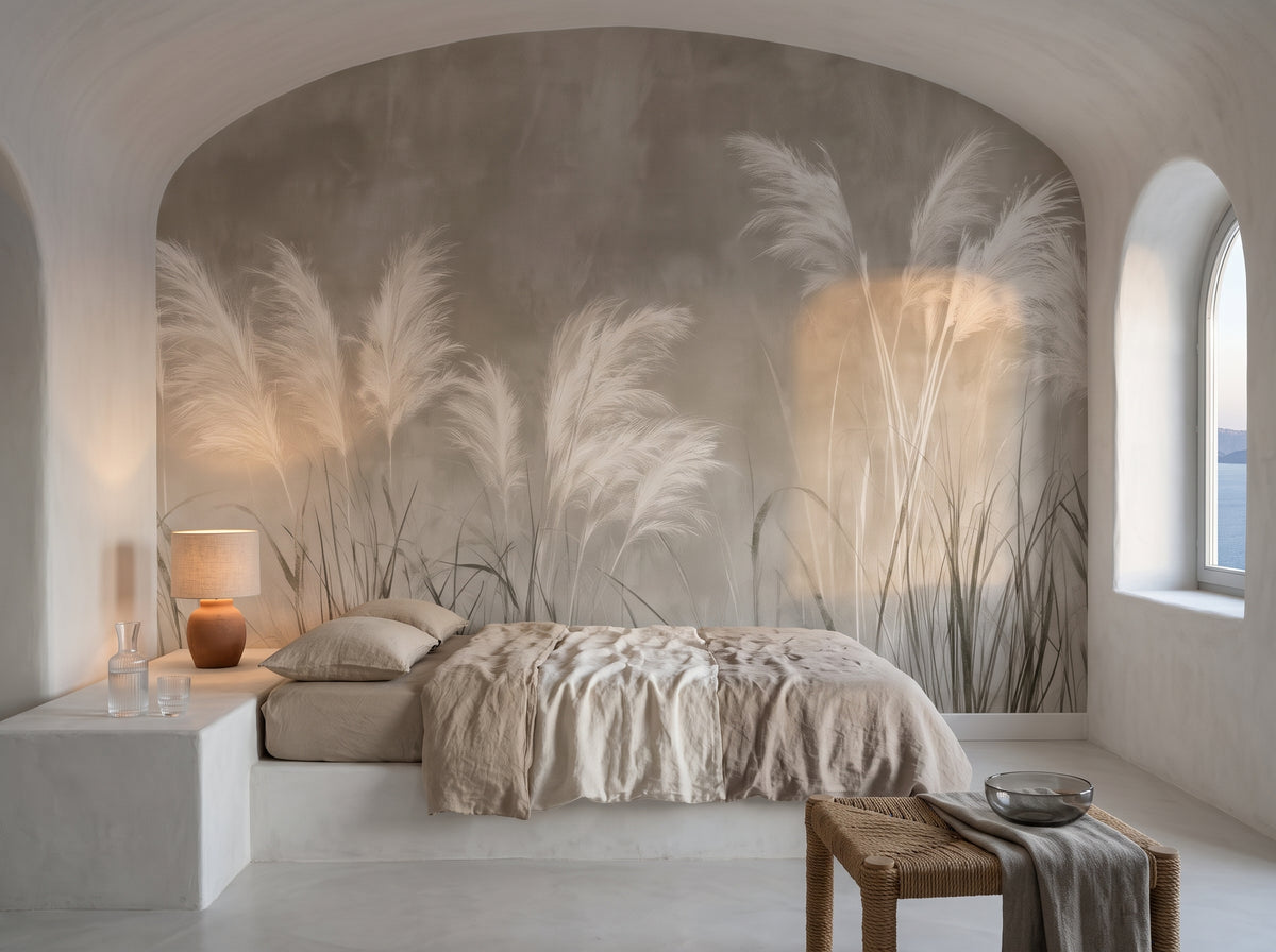 CHALK CRESCENDO in der Raumgestaltung eines Schlafzimmers in einem Apartment auf Santorini, davor ein niedriges gemauertes Bettpodest