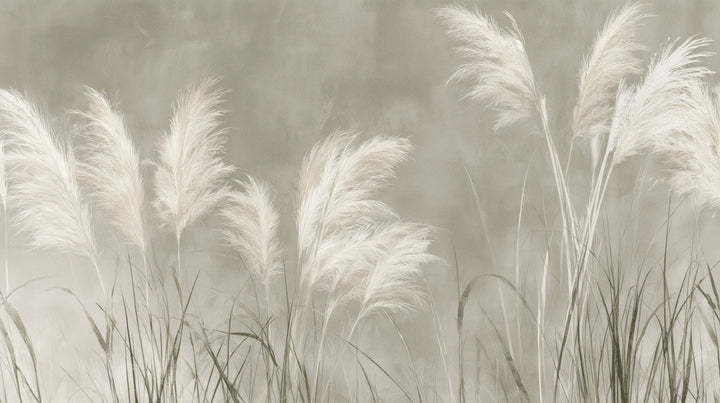CHALK CRESCENDO – diseño completo: pampas blanco lechoso sobre fondo taupe, a la derecha plumeros más altos bajo el borde superior