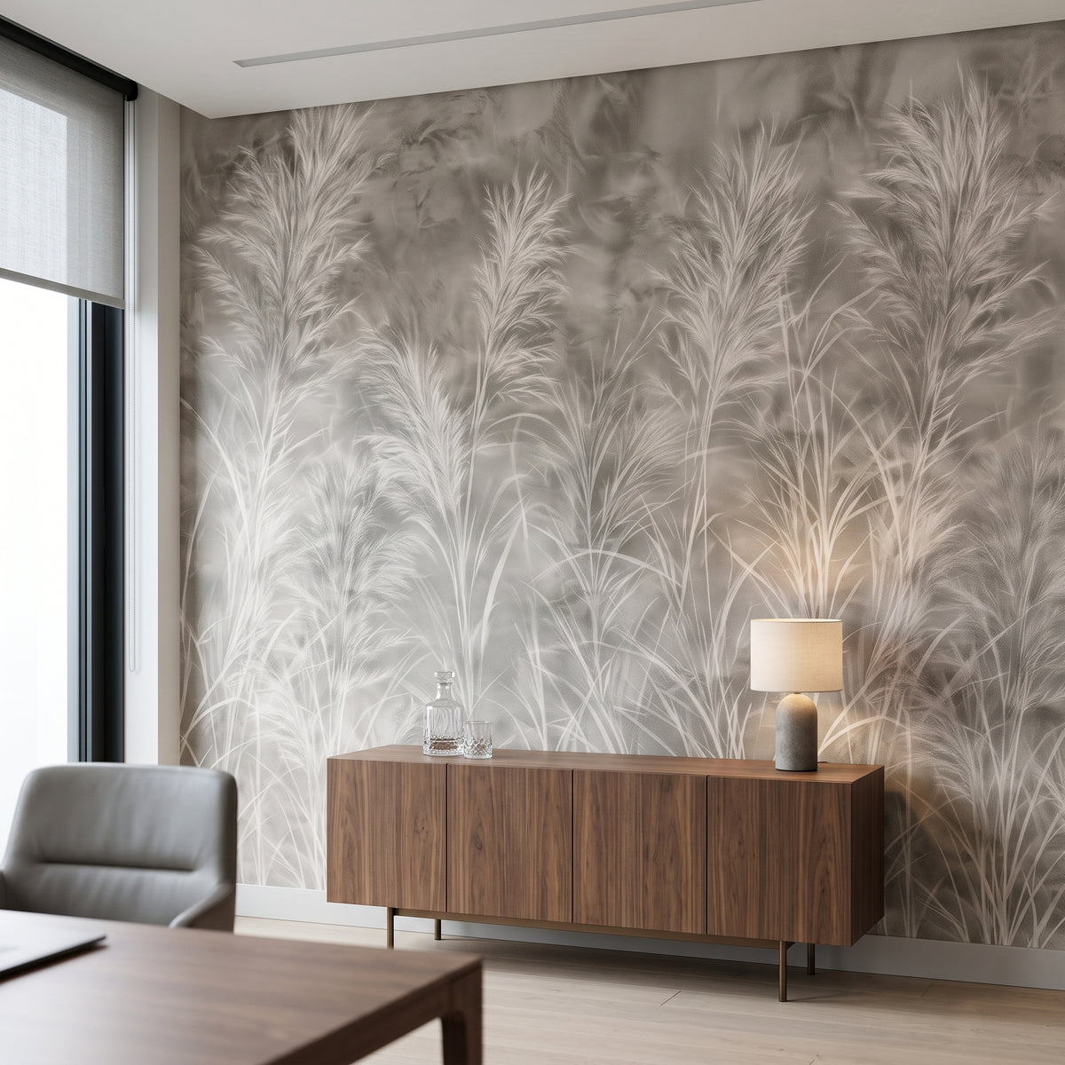 CHALK GRASSES im Interieur eines Direktorenbüros in Frankfurt, davor eine niedrige Nussbaumkommode mit Tischleuchte