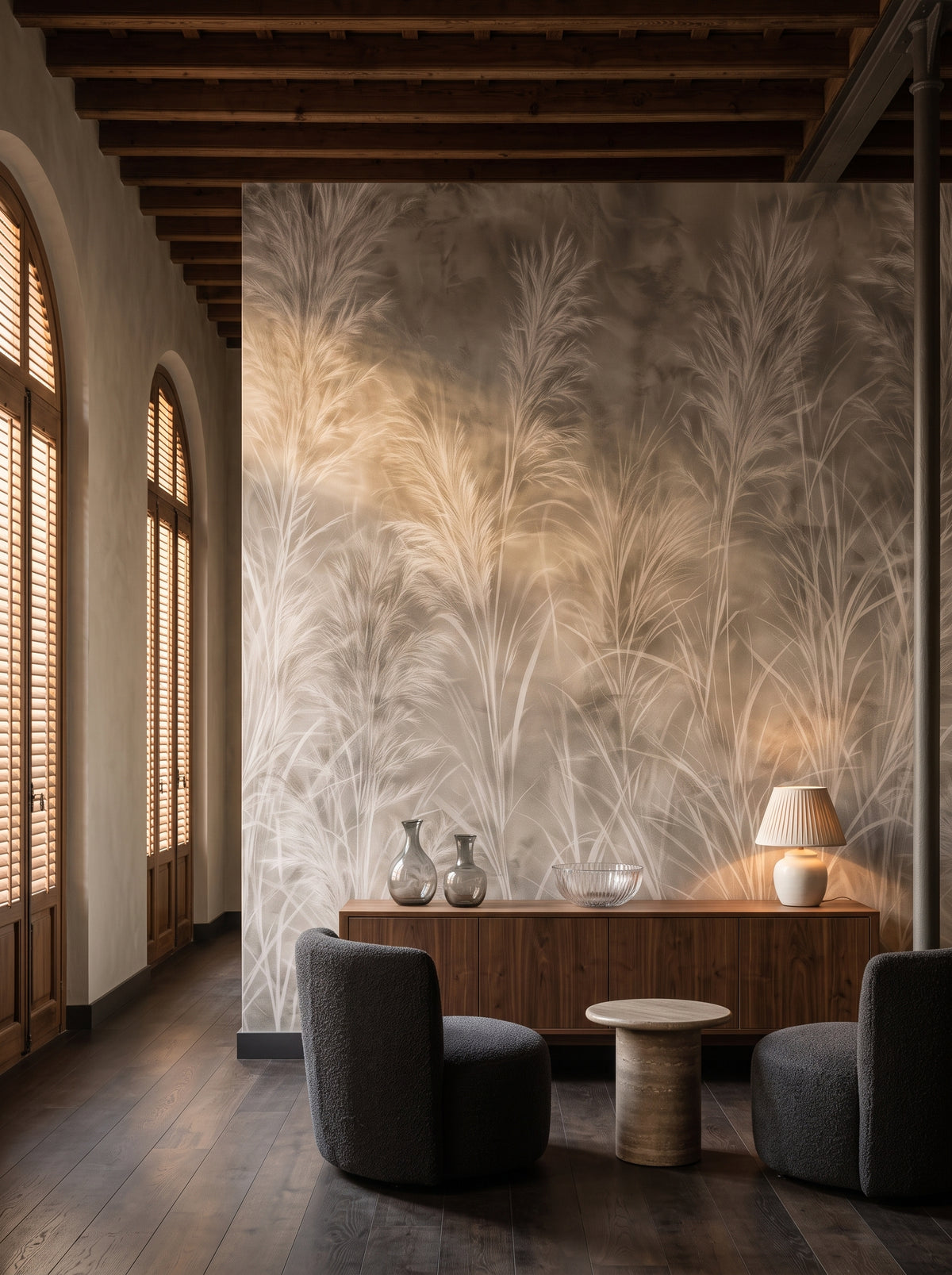 CHALK GRASSES in der Raumgestaltung eines Hotelsalons in Sevilla, davor zwei graphitgraue Sessel, ein Couchtisch und ein langes Nussbaum-Sideboard