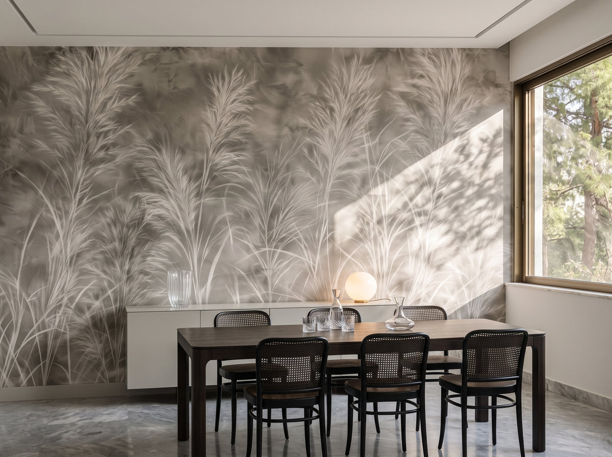CHALK GRASSES im Interieur eines Esszimmers in einer Athener Villa der 60er-Jahre, davor ein langer Tisch und ein niedriges Sideboard