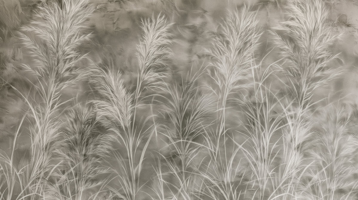 CHALK GRASSES – ganzes Motiv: silbrig-weiße Rispen und Grashalme auf dunklem, warmgrauem Grund mit Steintextur