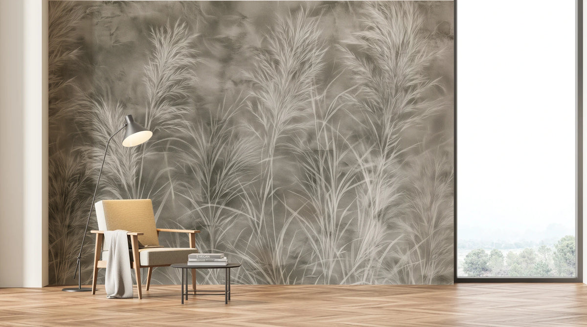 CHALK GRASSES an der ganzen Wohnzimmerwand mit Sessel, Stehleuchte und Fenster – die Rispen reichen weit über die Leuchte hinaus