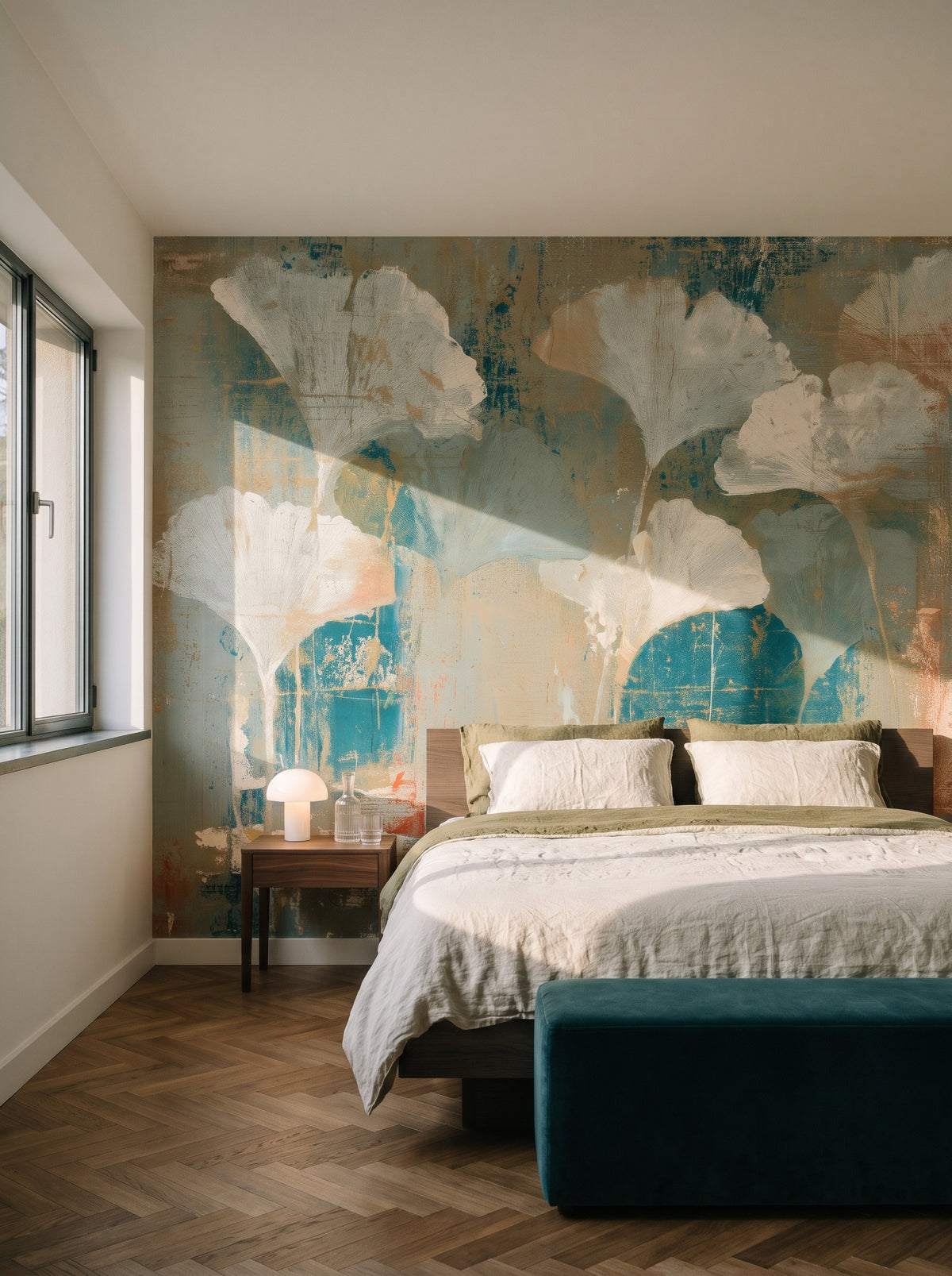 CHALK IMPRINT als Raumgestaltung eines Schlafzimmers in einer funktionalistischen Villa in Brünn, davor ein niedriges Bett und eine meerblaue Bank